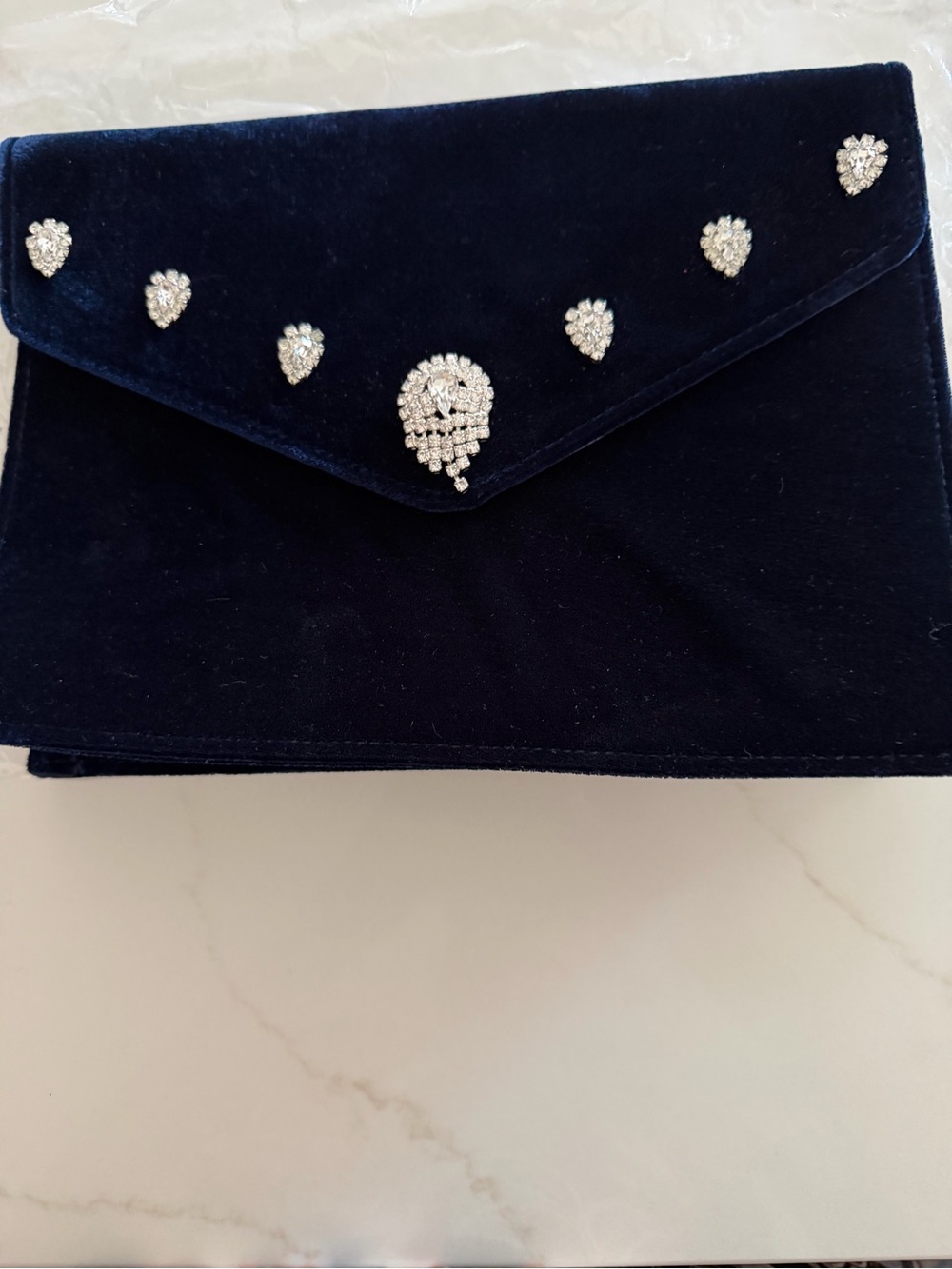 Crystal-Embellished Navy Velvet Envelope Clutch